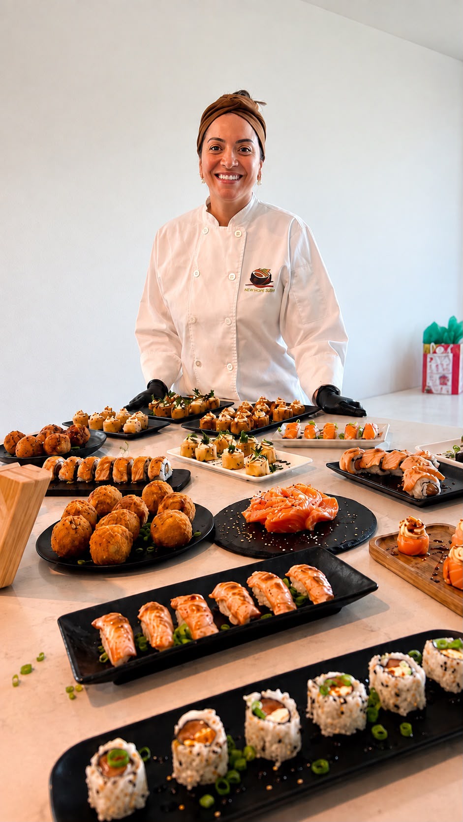 Chef Barbara smiling behind a table of freshly prepared sushi
